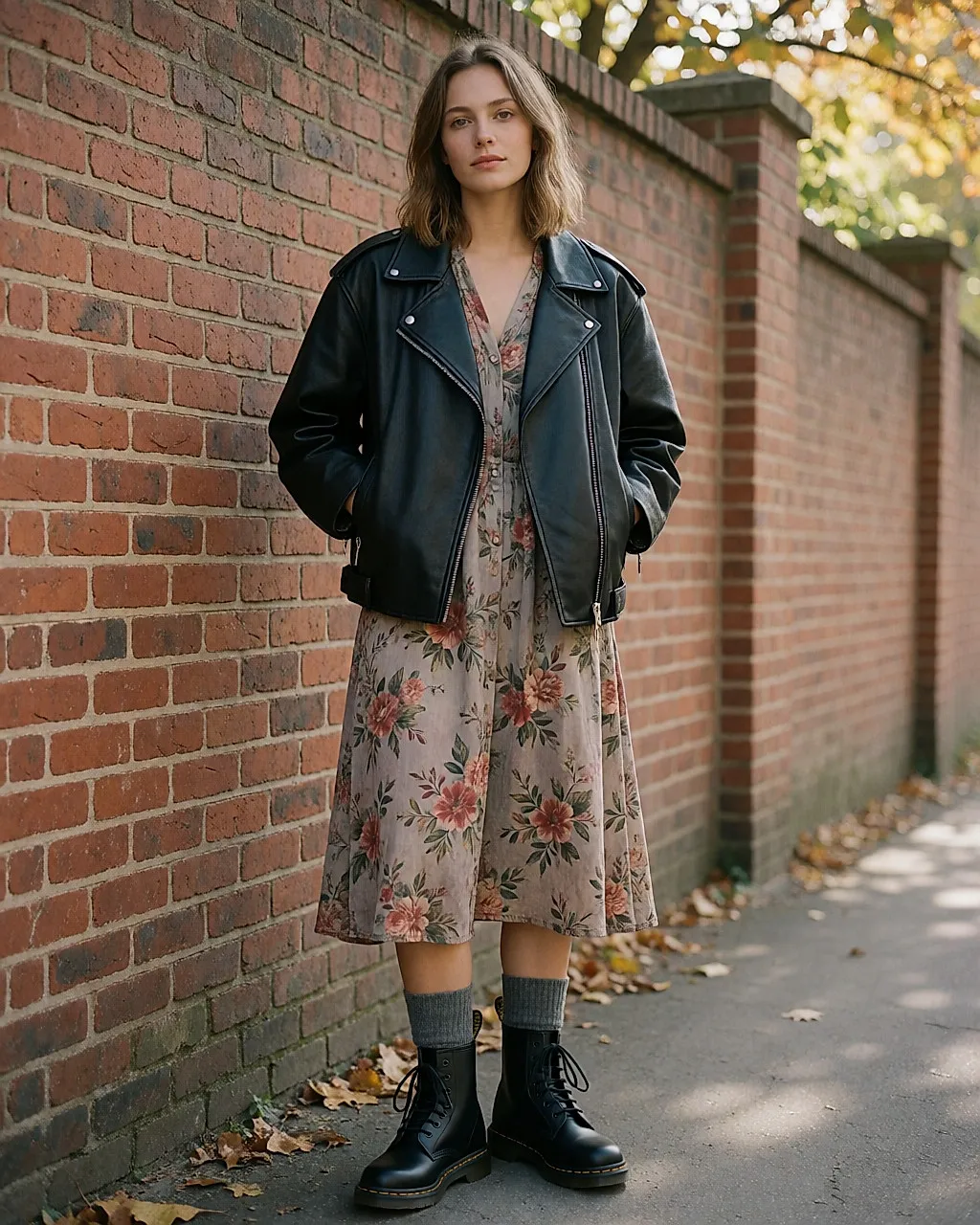 Jeune femme en robe fleurie et perfecto portant des bottines Dr Martens 1460 noires à couture jaune
