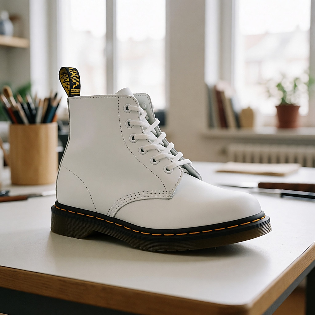 Personnalisation à la main d'une Dr Martens 1460 blanche sur une table d'atelier