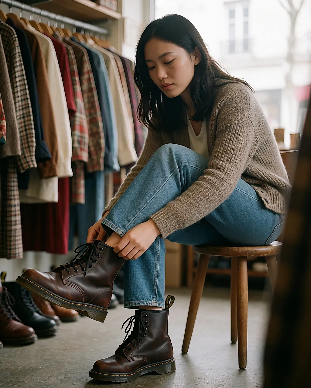 Essayage d'une paire de Dr Martens 1460 d'occasion en cuir patiné dans une friperie
