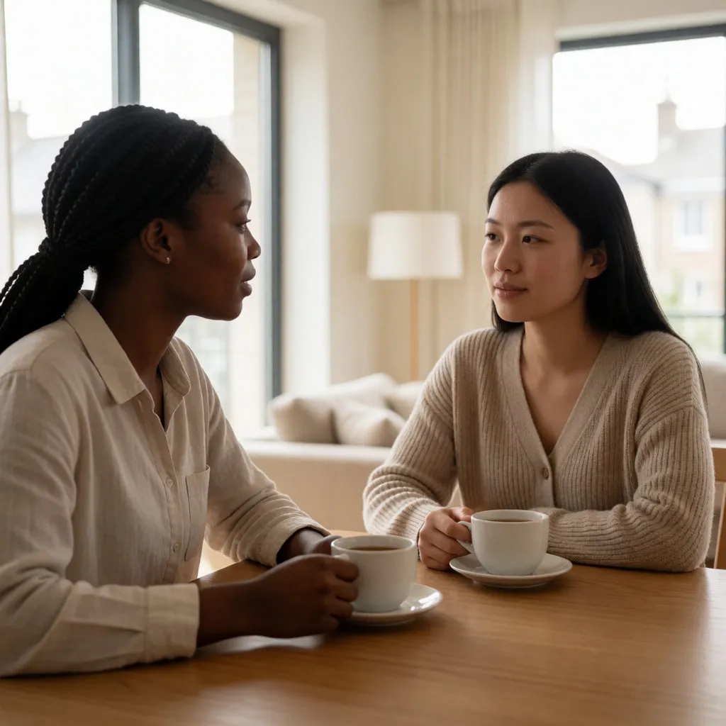 Zwei junge Frauen unterhalten sich bei Tee in einer hellen Wohnung