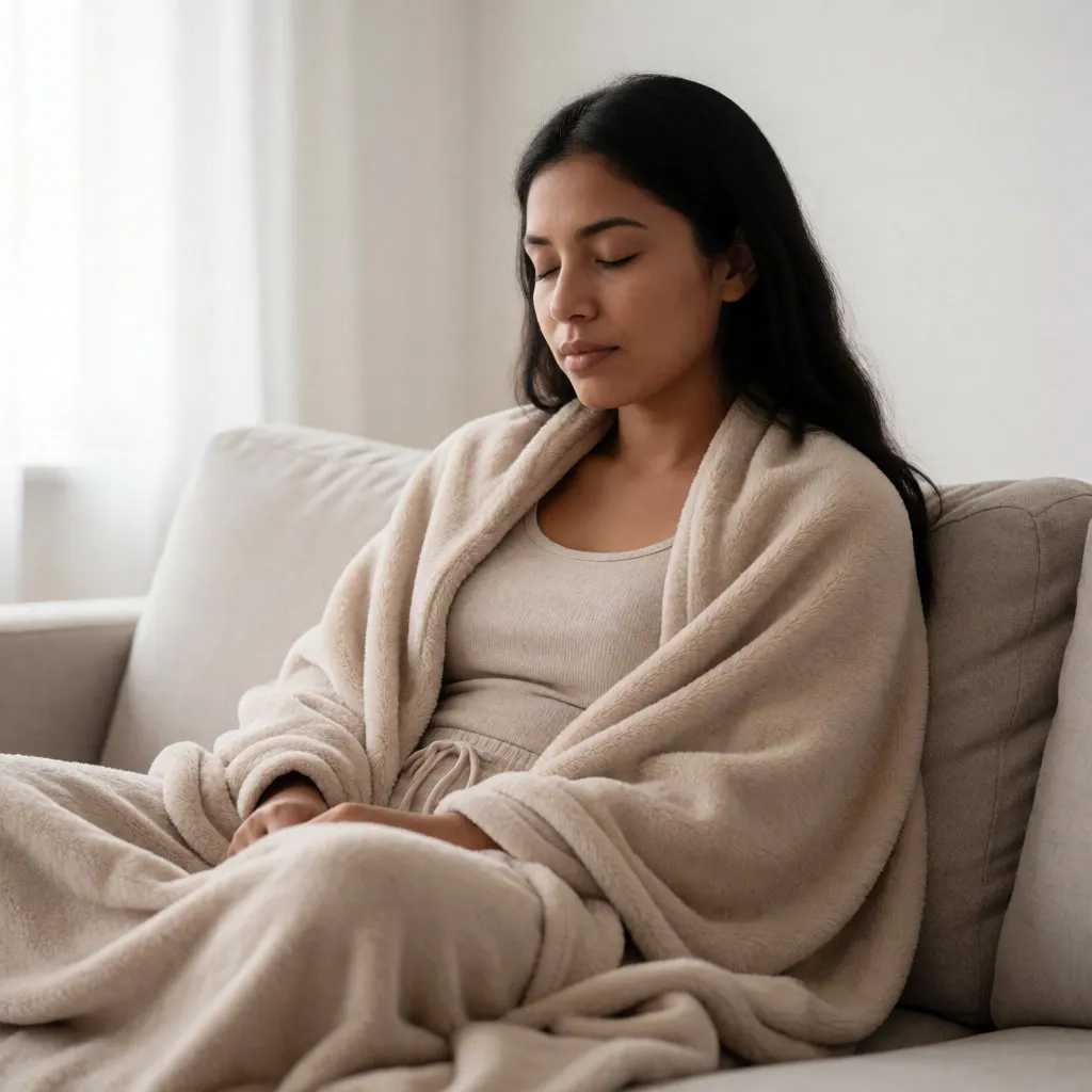 Junge Latina in bequemer Kleidung, auf einem Sofa unter einer weichen Decke ruhend