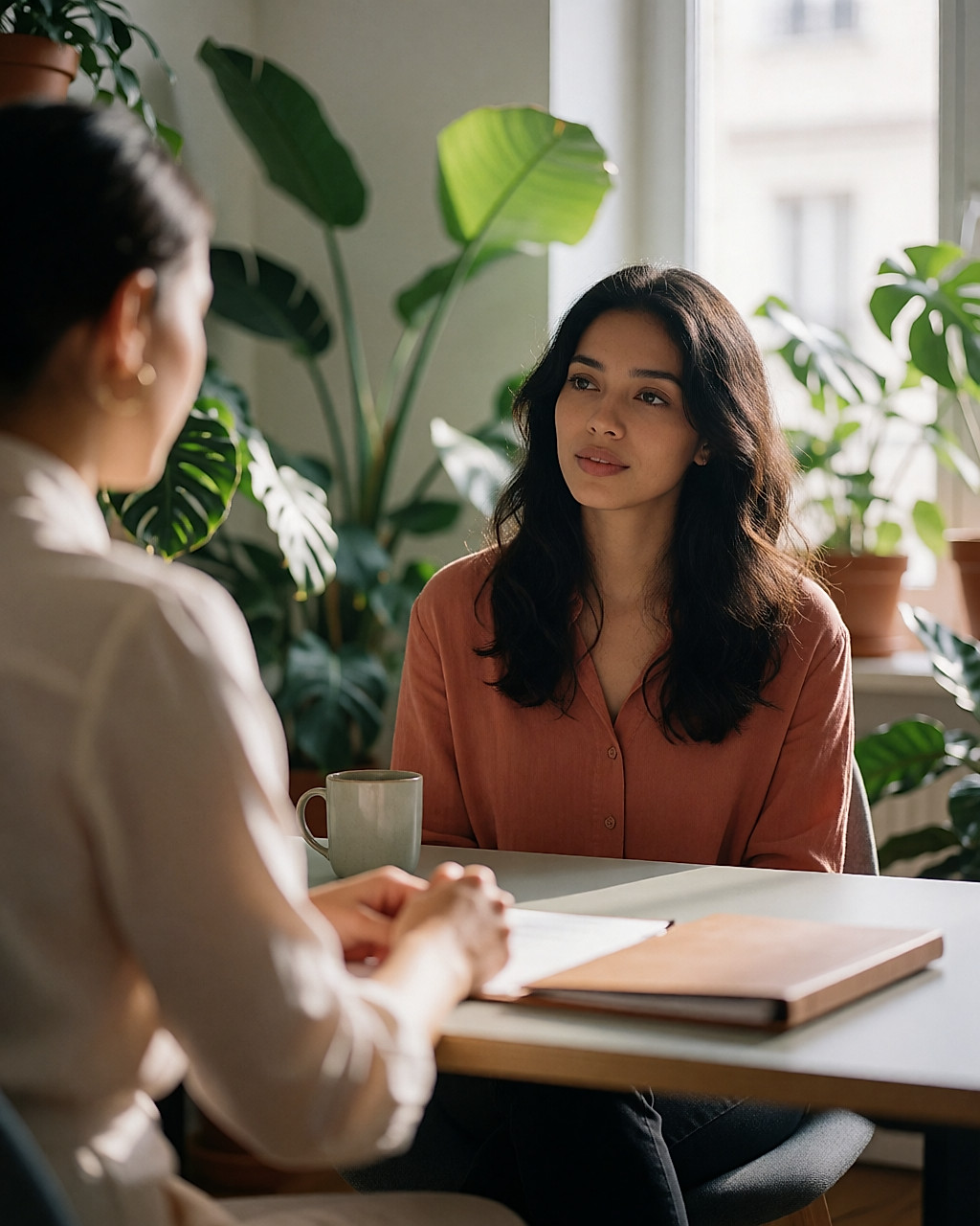 Jeune femme en chemise rouille écoutant une sage-femme dans un bureau lumineux