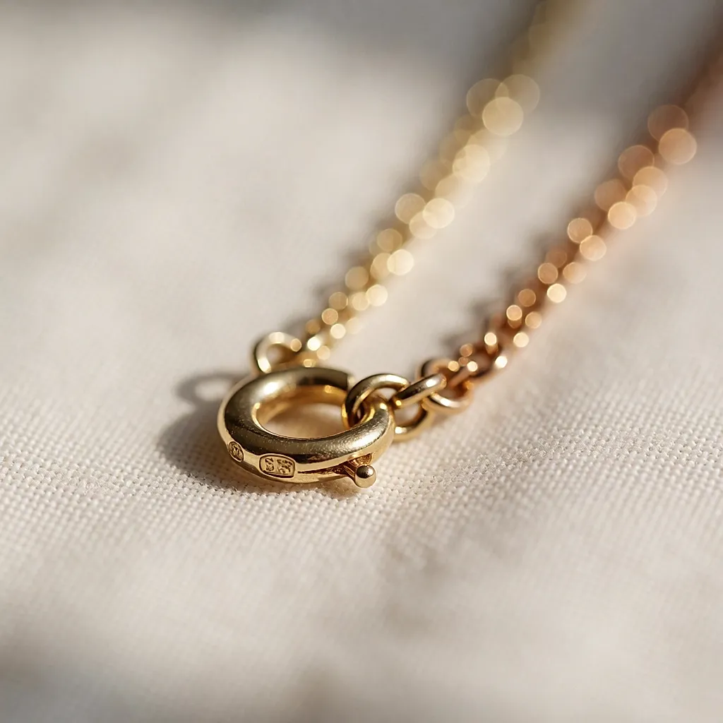 Macro d’un fermoir de collier doré et de son poinçon sur du lin clair