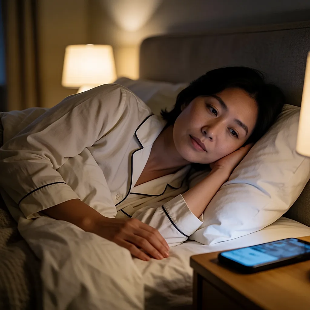 Une femme éveillée la nuit dans un lit sombre, éclairée par la lumière bleue d'un téléphone