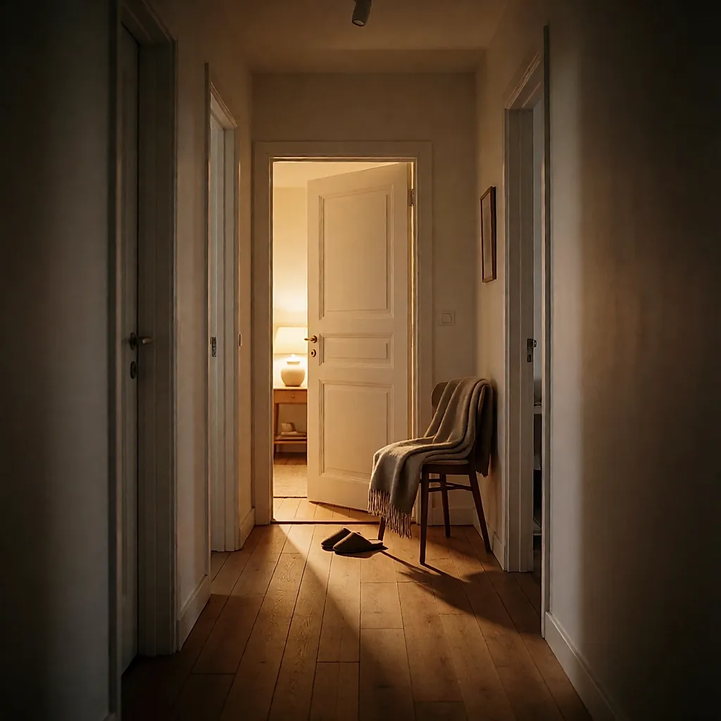 Un couloir de nuit, une porte de chambre entrouverte et une lumière chaude au sol