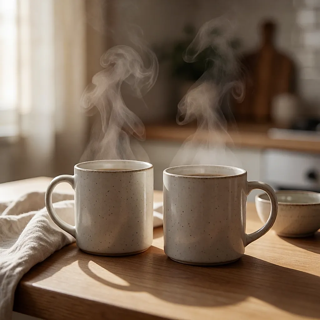 Deux tasses de café fumantes côte à côte sur un plan de travail au petit matin