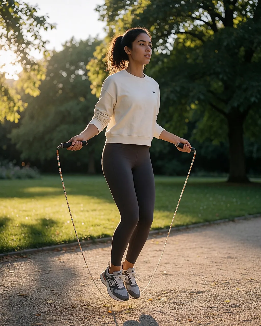Young woman skipping with an individual rope in a park at sunset, mid-jump