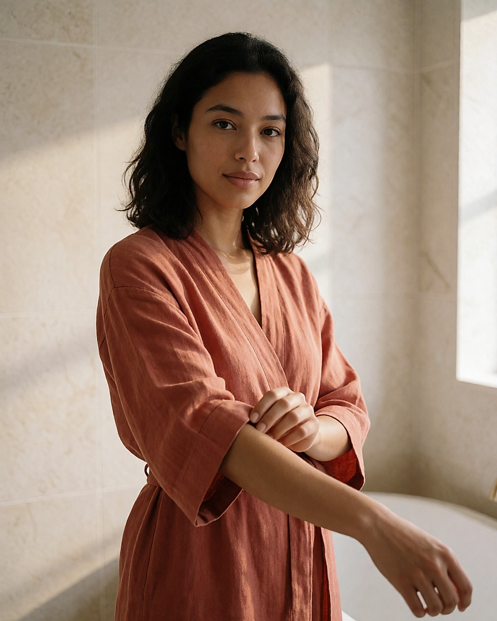 Young mixed-race woman examining the even tan on her forearm in a bright bathroom