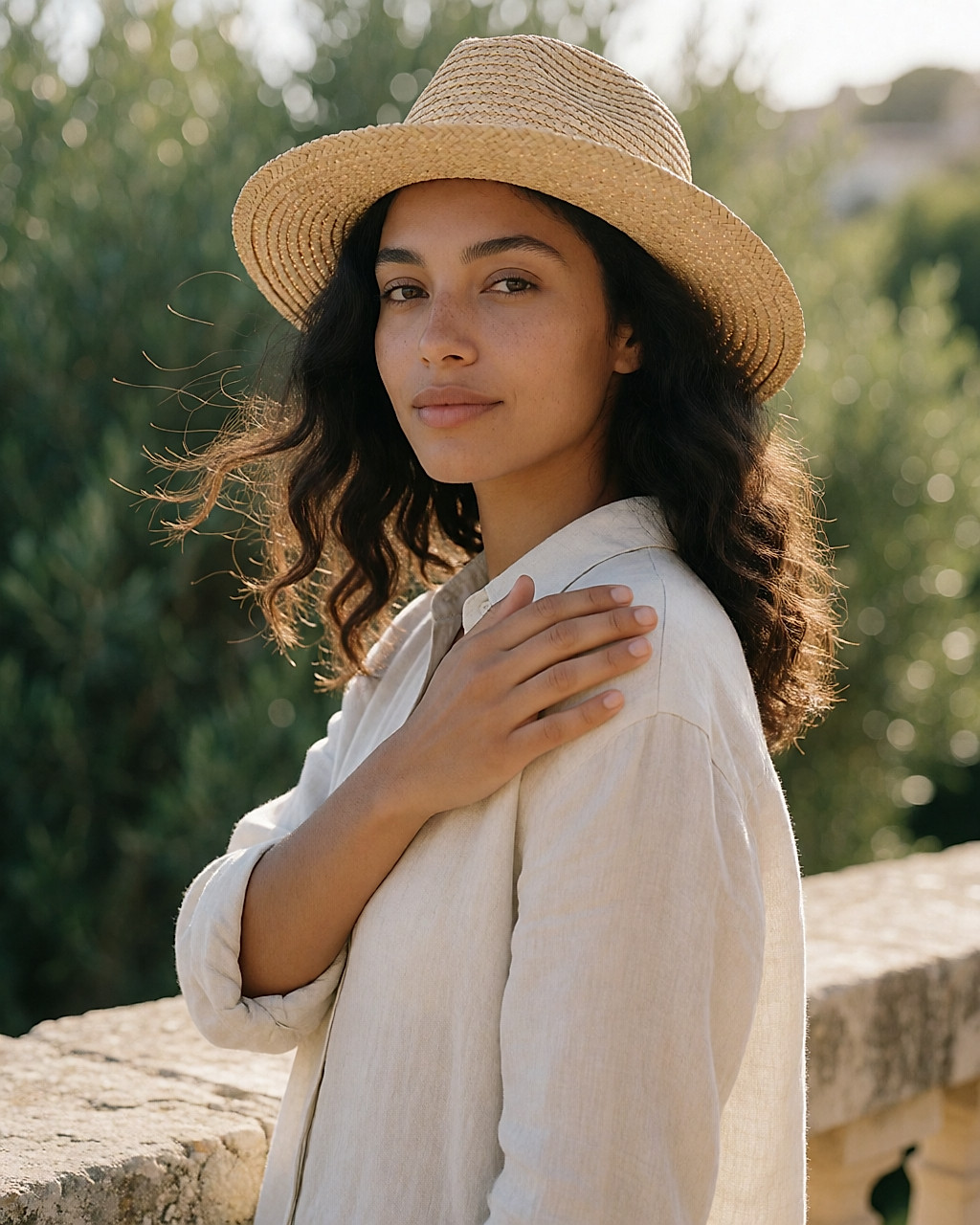 Young woman applying sun cream to her shoulder on a sunny terrace