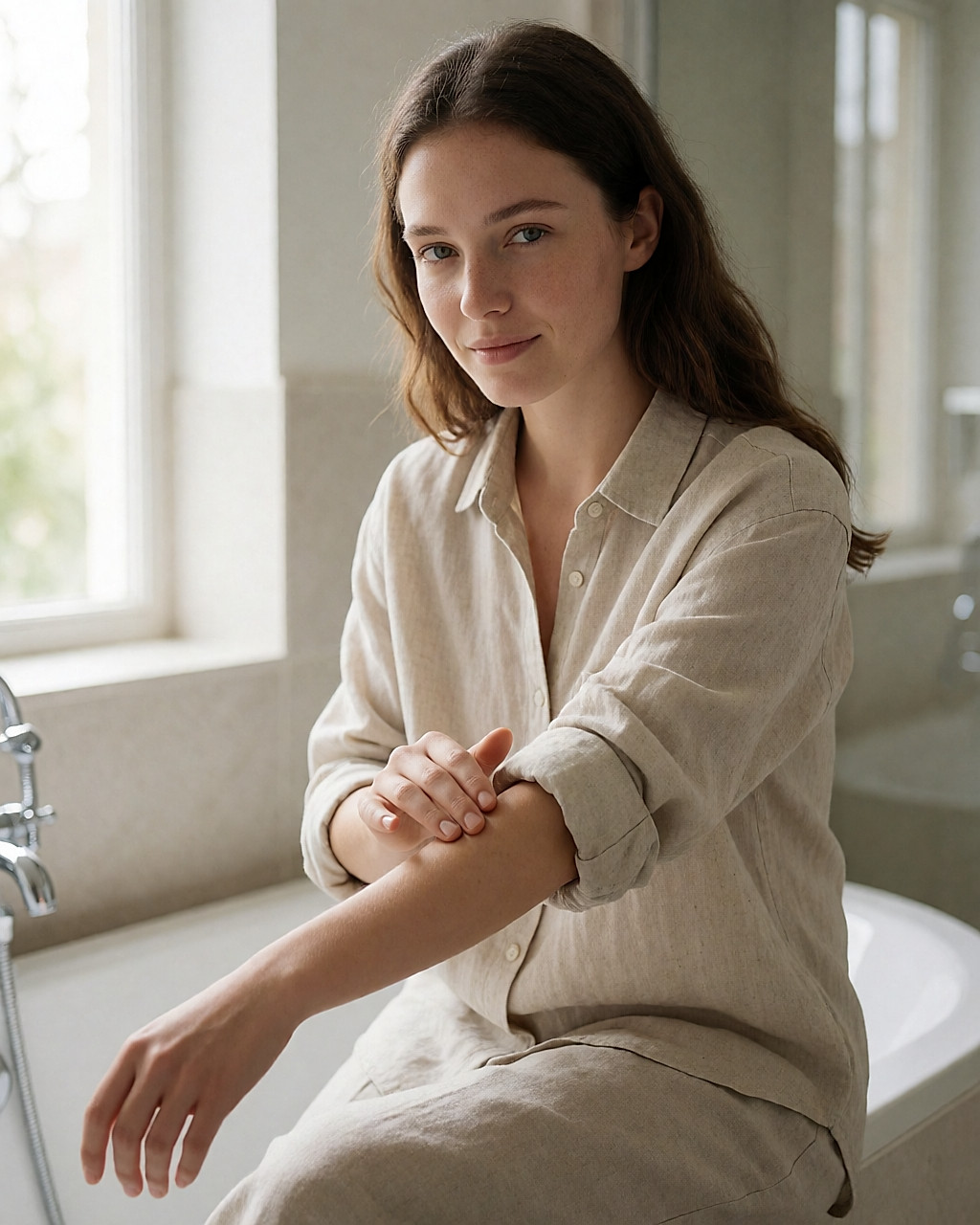 Young woman applying a fragrance-free moisturiser to her forearm, sitting in a bathroom