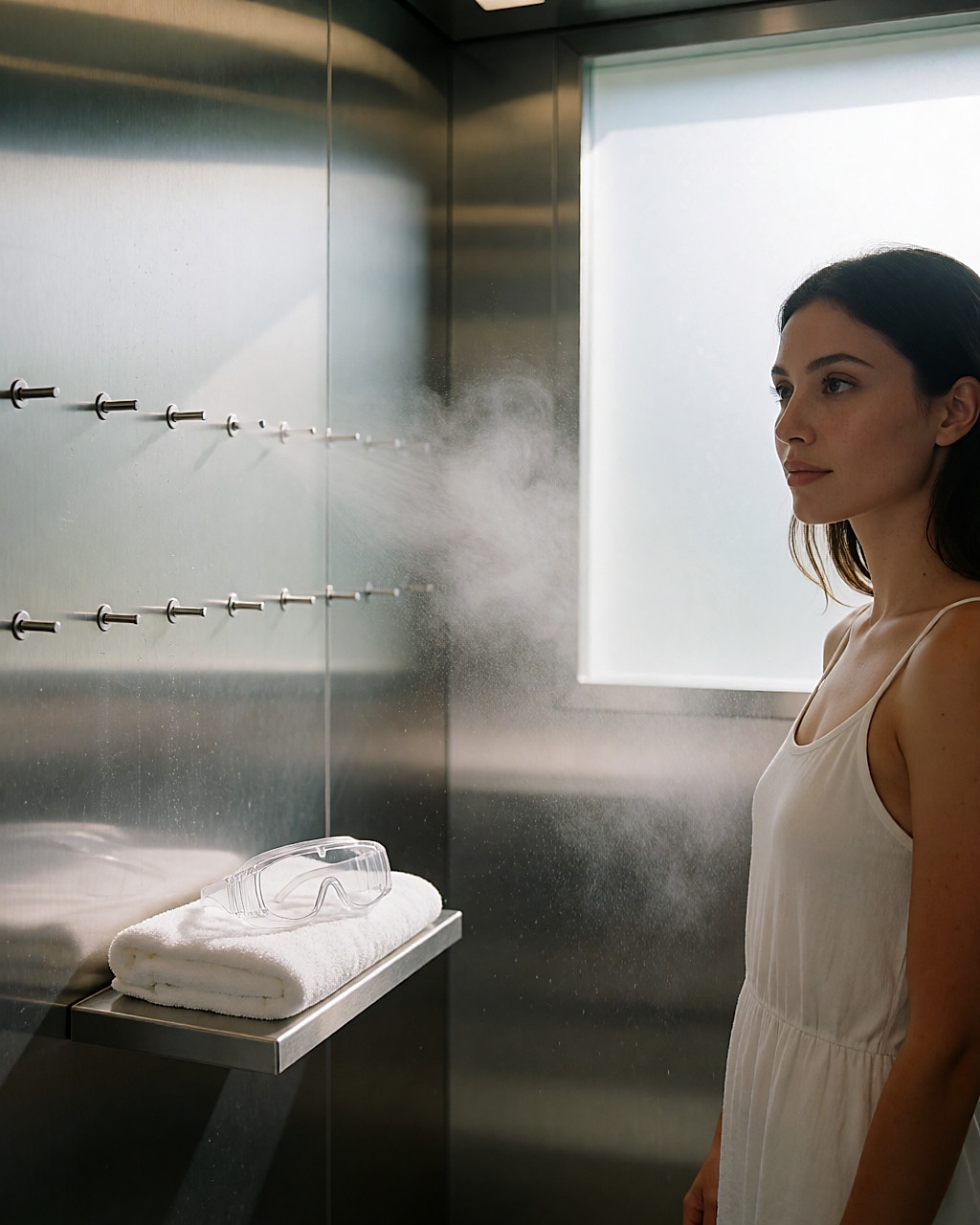 Interior of a self-tan spray booth, nozzles and fine droplets in the air