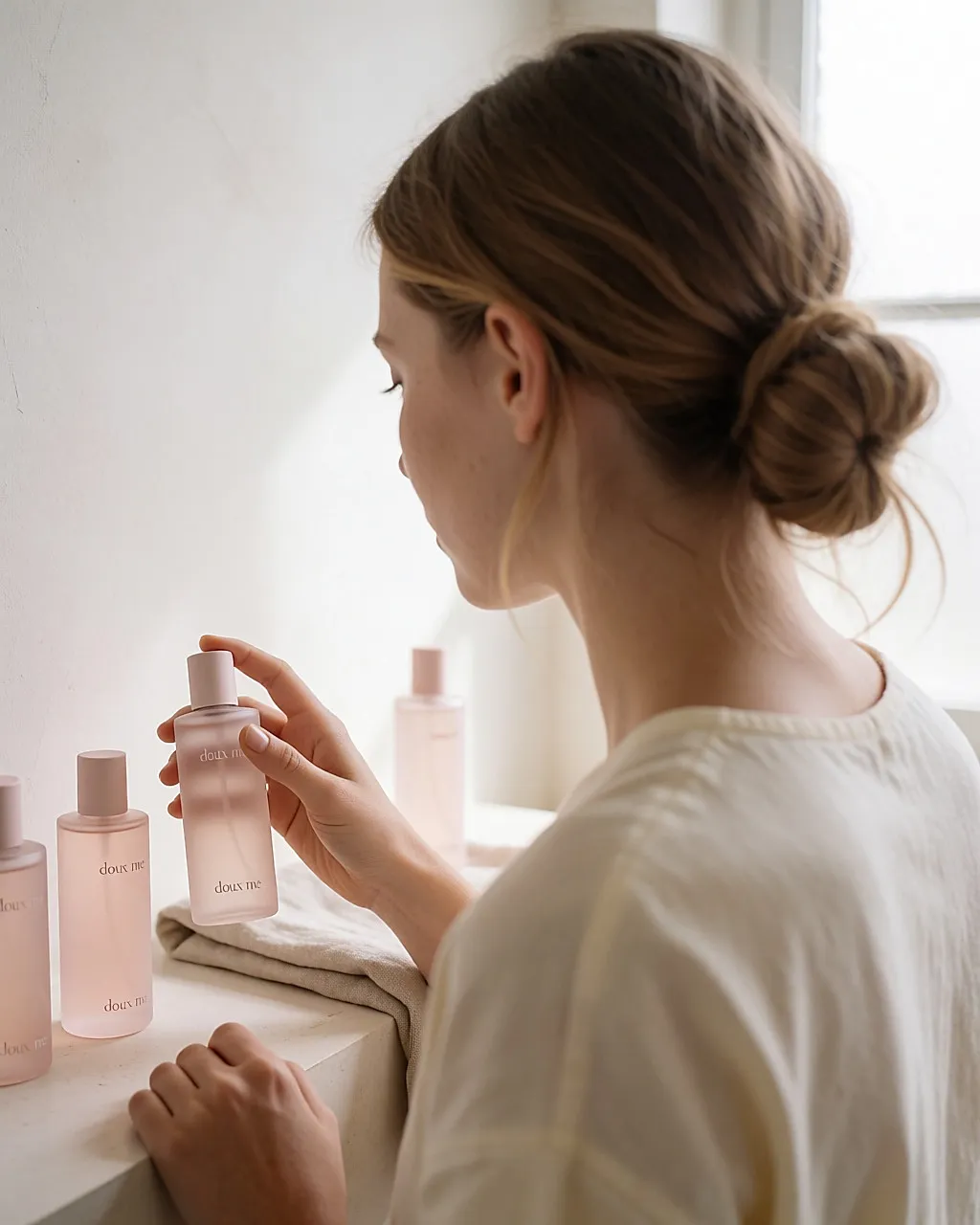 Une jeune femme attrape la brume florale Doux me sur le rebord de son lavabo