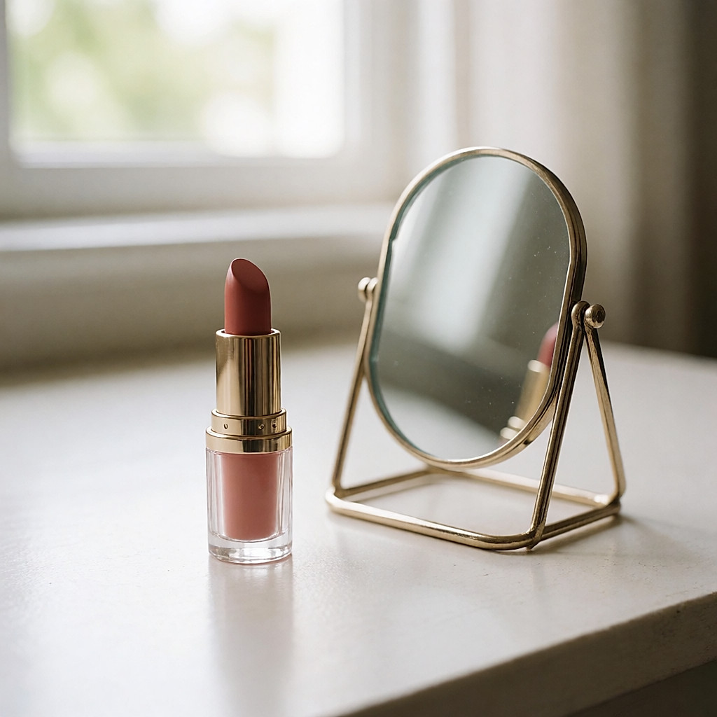 Le baume à lèvres Doux me ouvert, posé près d'un petit miroir