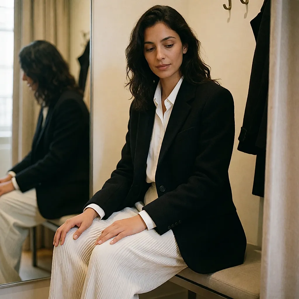 Une femme assise sur le banc d'une cabine, veste fermée, observe les plis qui marquent ses jambes