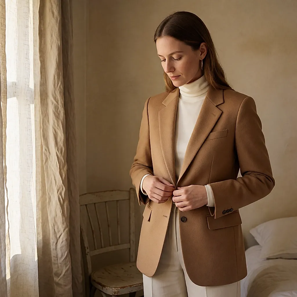 Une femme ajuste un blazer camel porté sur un col roulé fin en soie
