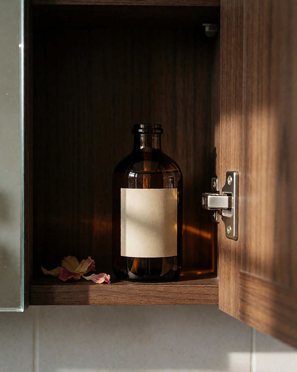 Flacon d'eau florale en verre teinté rangé dans un placard en bois sombre