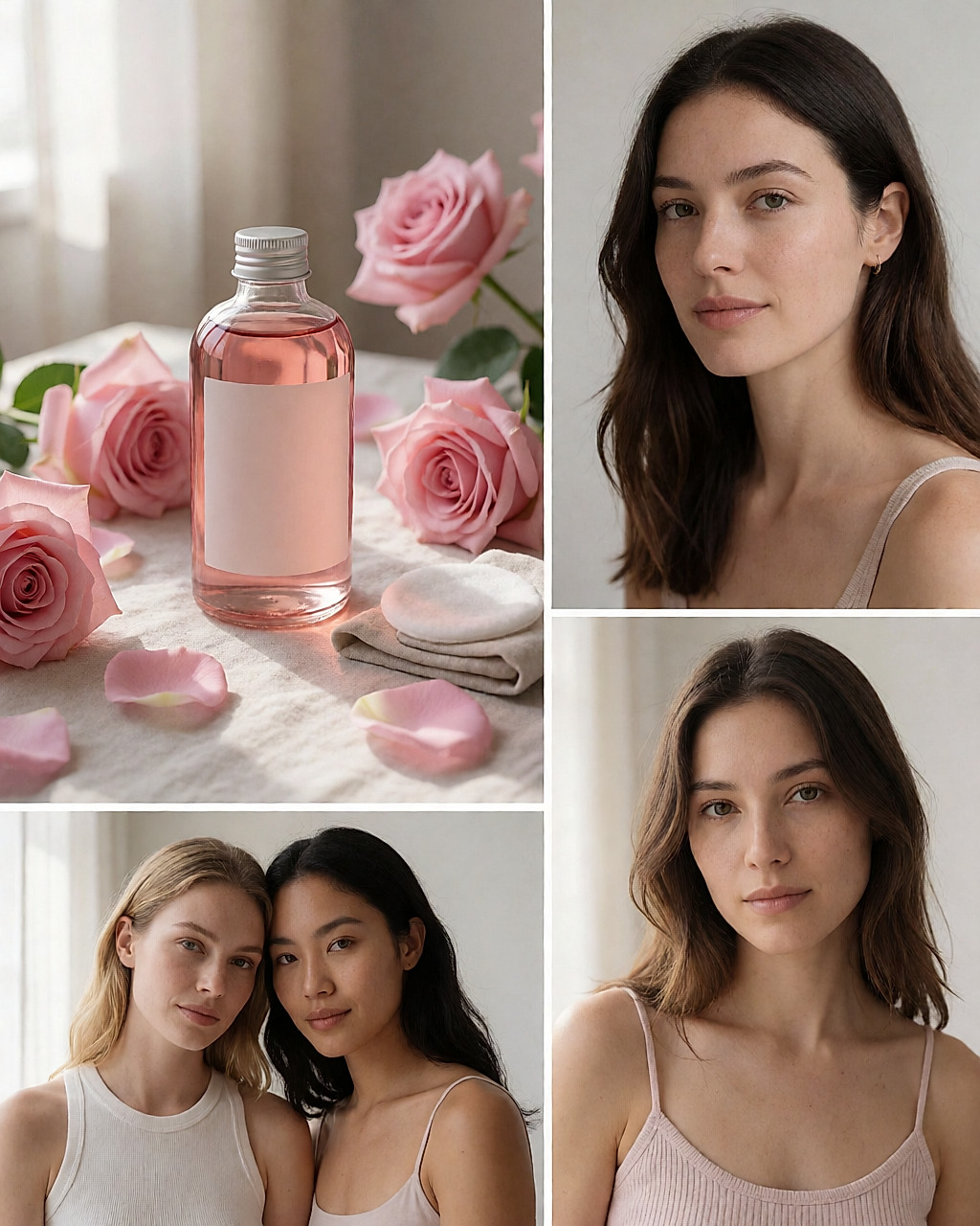 Flacon d'eau florale de rose en verre clair posé près de roses fraîches