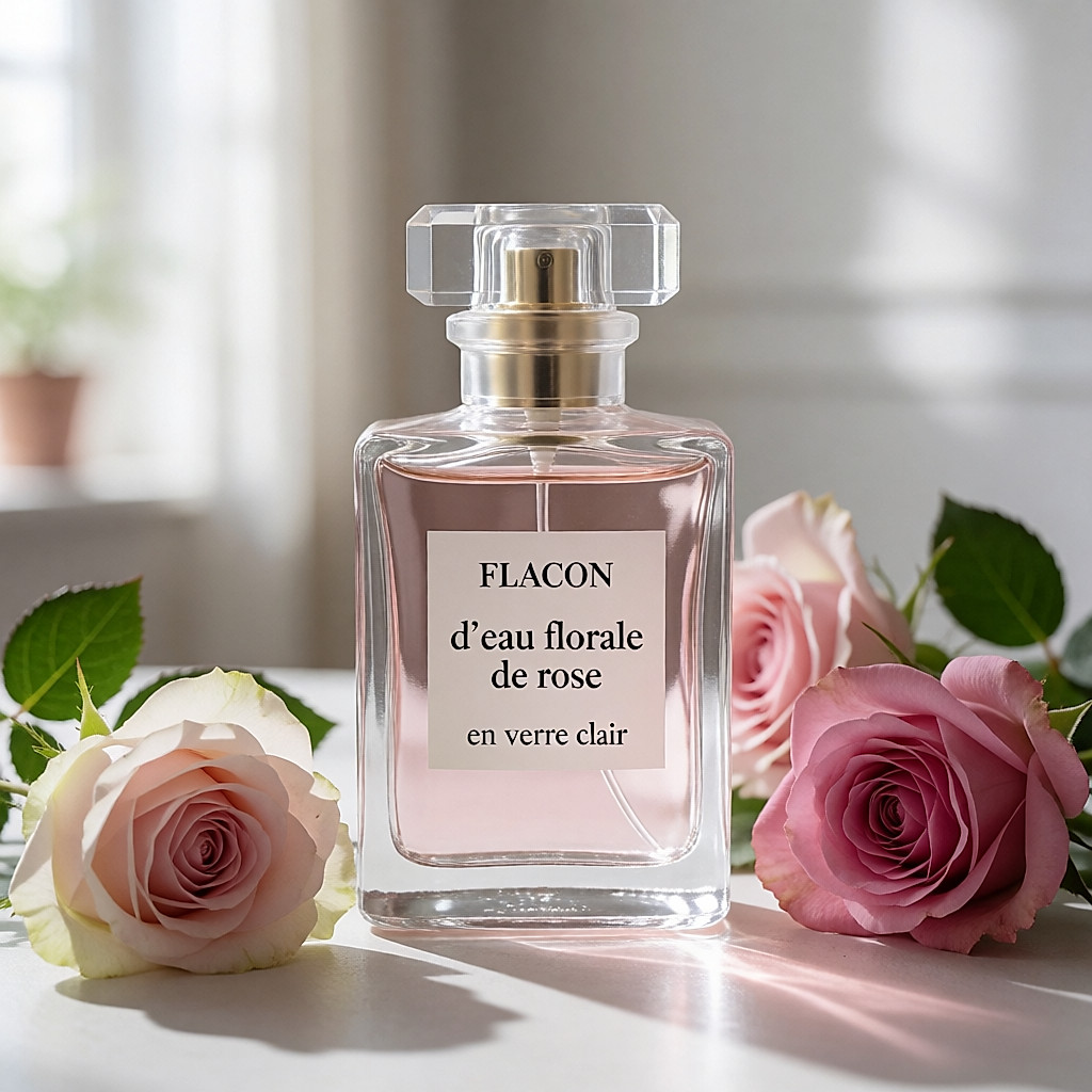Flasche mit Rosenblütenwasser aus klarem Glas neben frischen Rosen