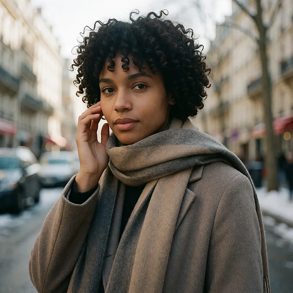 Une jeune femme touche sa joue rougie par le froid dans une rue d'hiver
