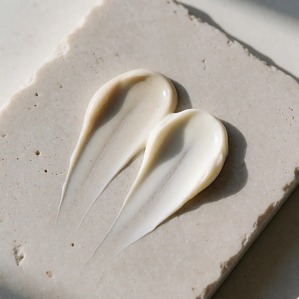 Un gel sérum transparent et une crème barrière riche, textures comparées sur une pierre claire