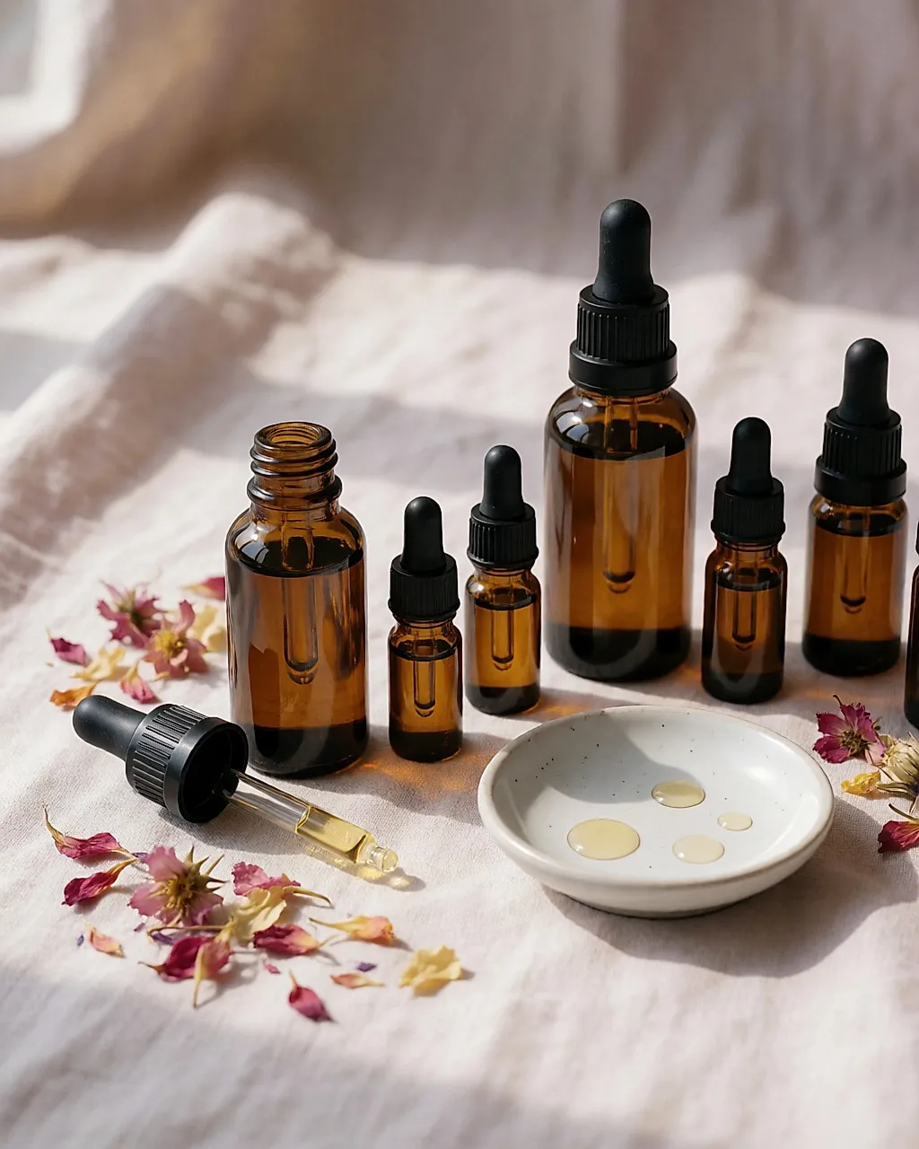 Frascos cuentagotas de vidrio ámbar y unas gotas de elixir floral en un cuenco de cerámica
