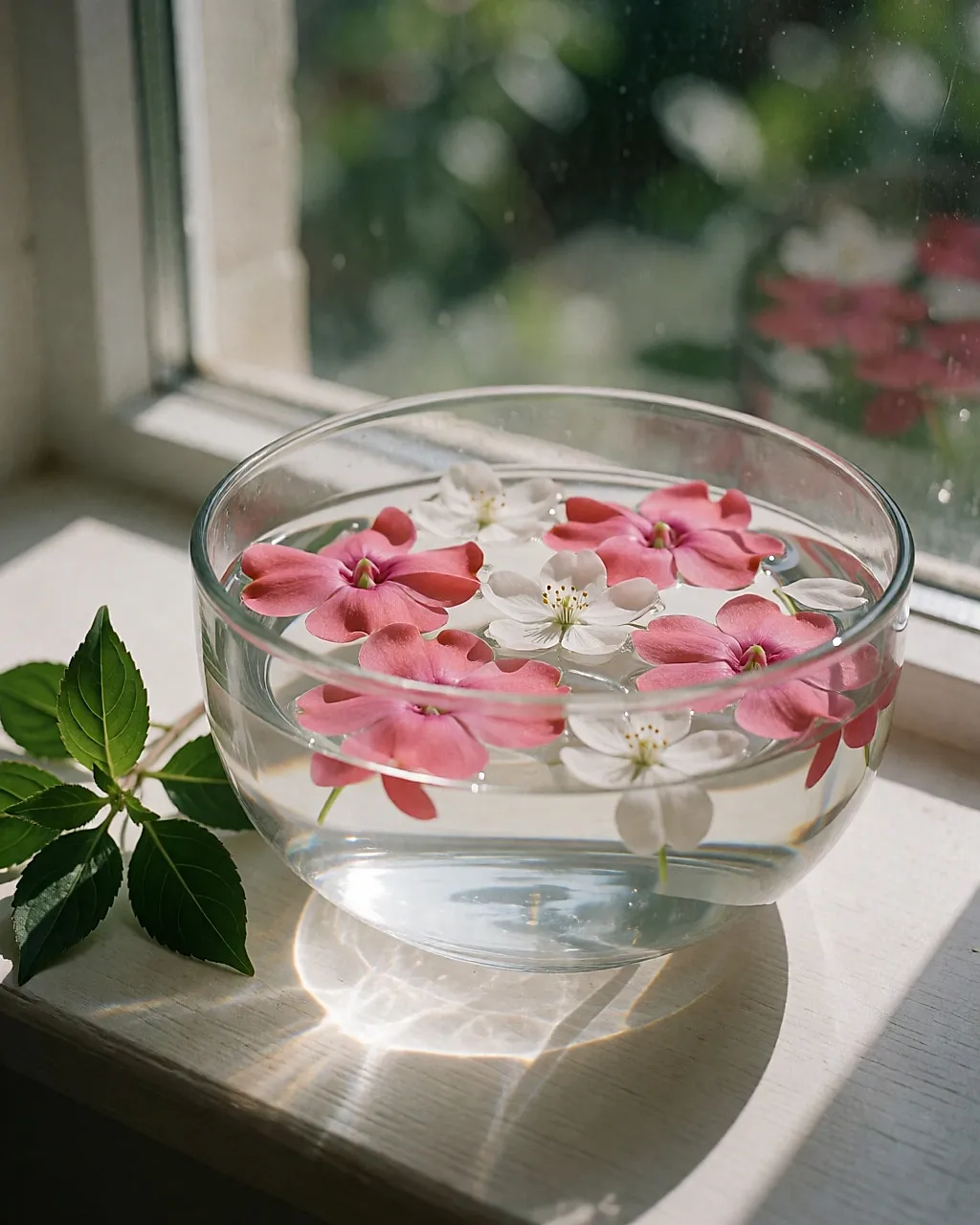 Pétalos de flores frescas flotando en un cuenco de agua sobre el alféizar de una ventana soleada