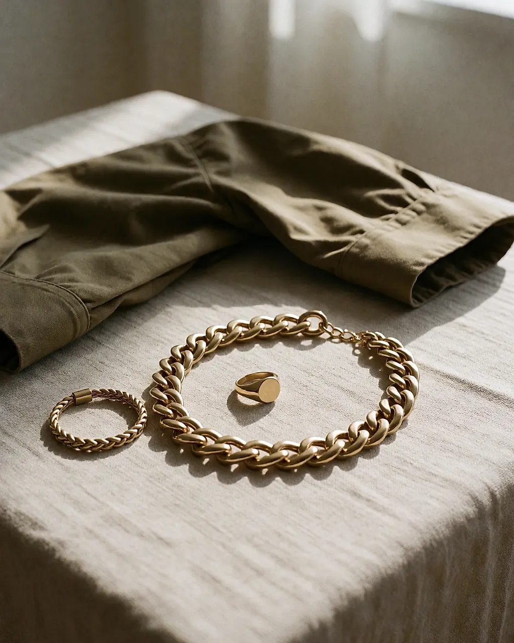 Goldene Schmuckstücke im Military-Stil auf rohem Leinen