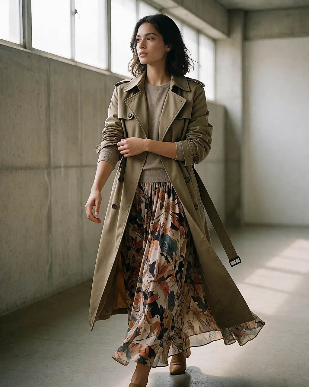 Layering-Silhouette: offene Khaki-Jacke über einem Spitzen-Top