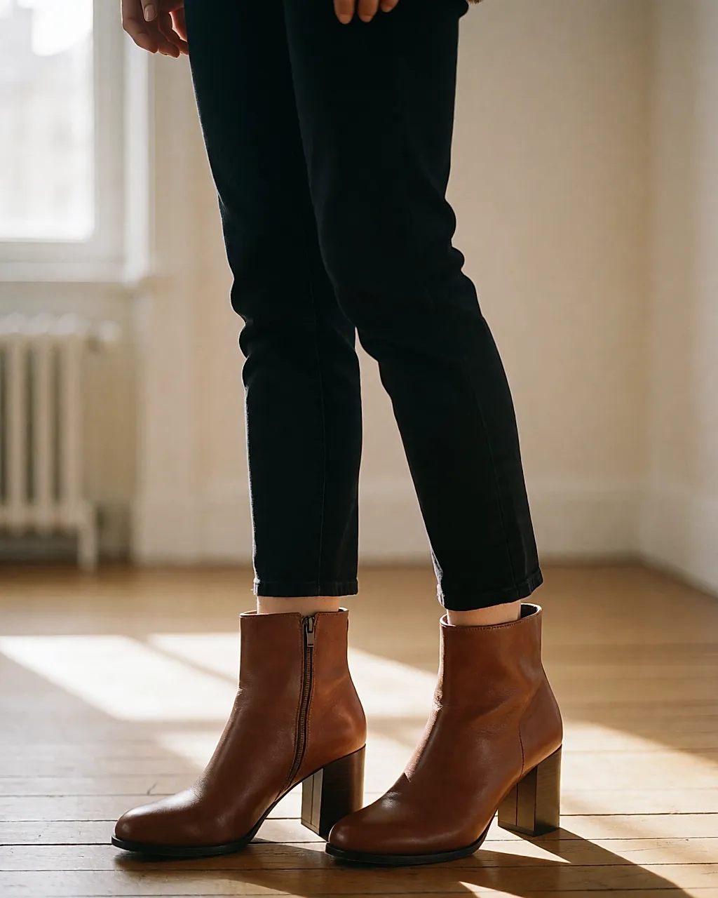 Stiefeletten mit breitem Absatz aus Leder zu einer verkürzten Hose
