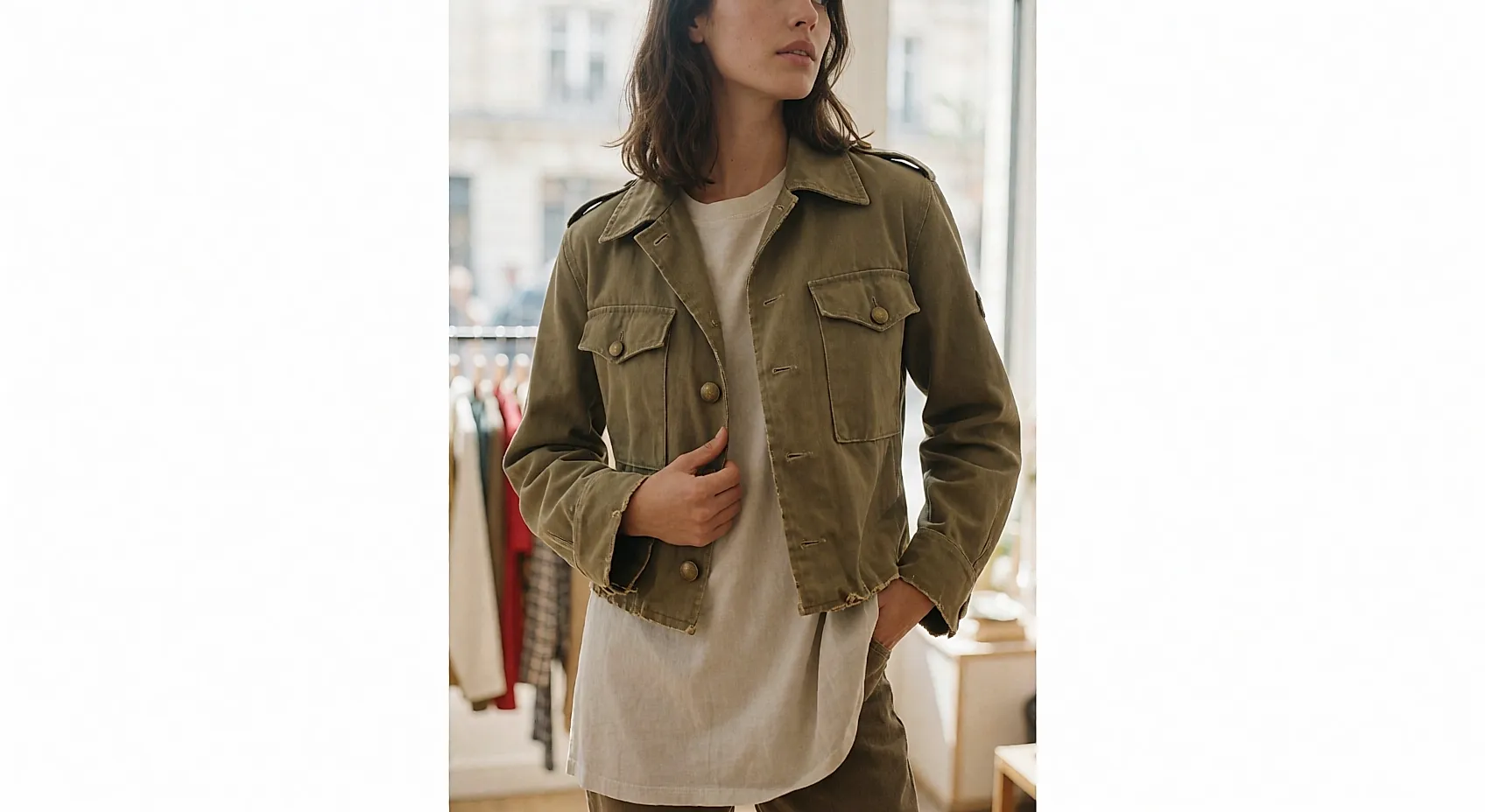Getragene Military-Jacke aus zweiter Hand mit goldenen Knöpfen und weichem Kragen