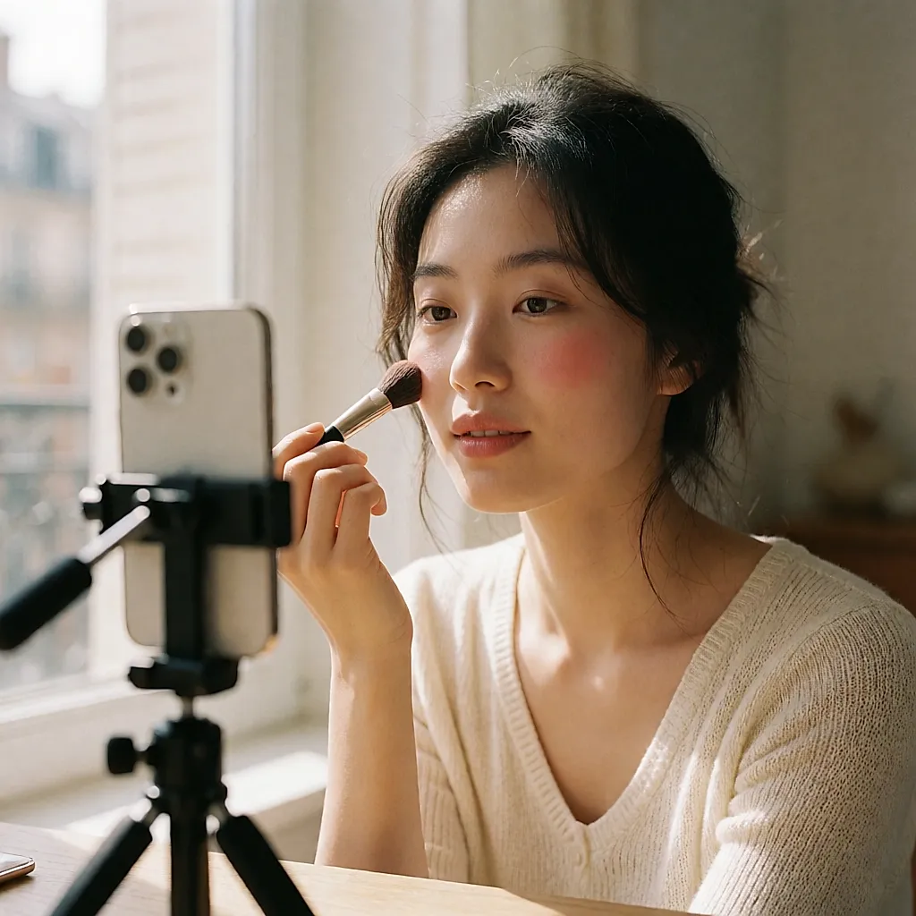 Jeune créatrice filmant un tuto maquillage près de la fenêtre, un pinceau à la main