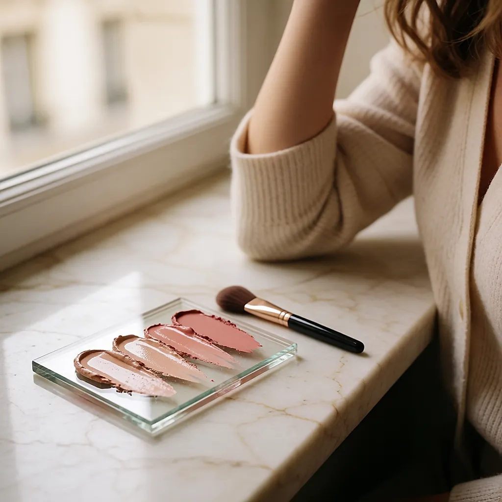 Échantillons de textures maquillage superposées, fini glossy posé sur un fini mat