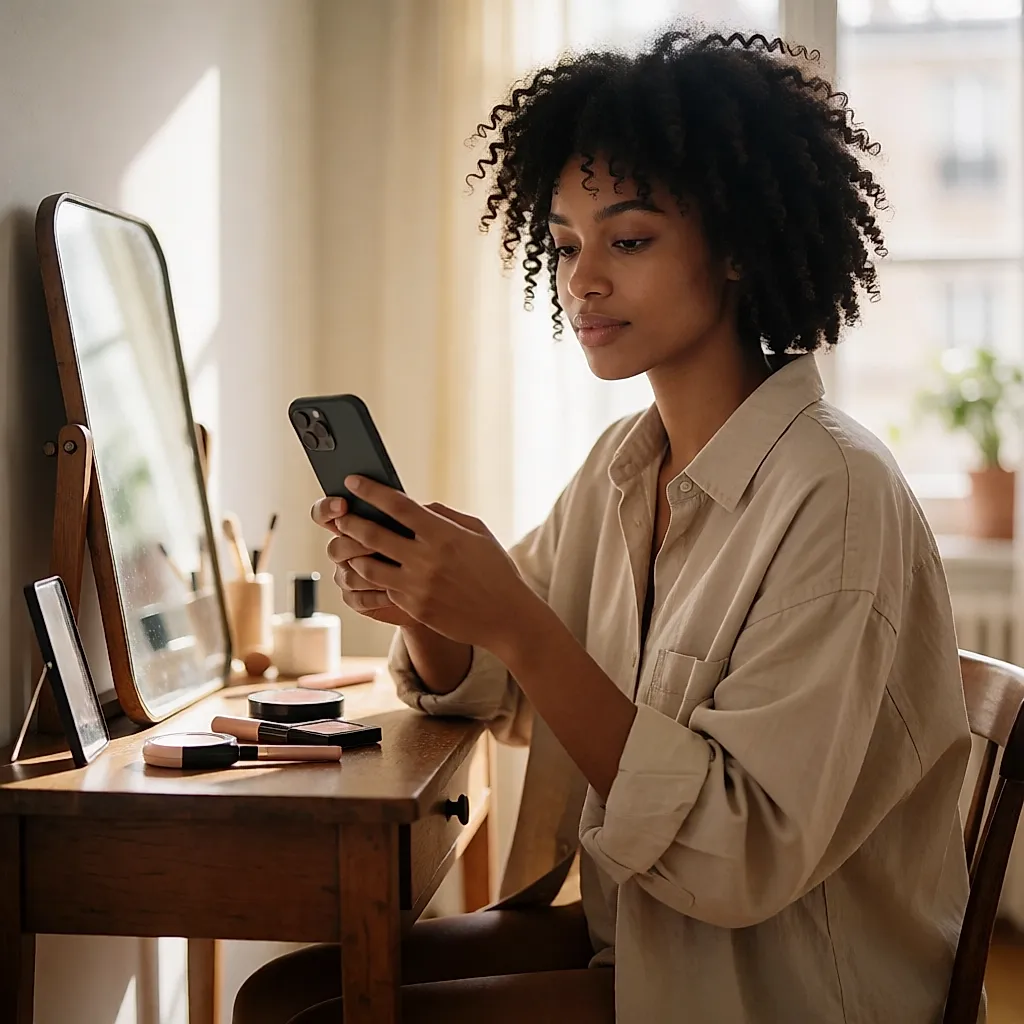 Jeune femme consultant un compte beauté sur son téléphone à sa coiffeuse