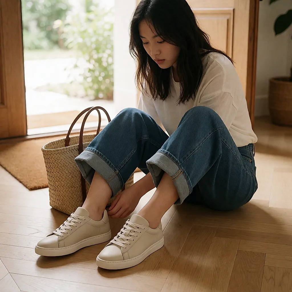 Une femme assise au sol teste du doigt la pointure d'une sneaker en cuir, une par pied