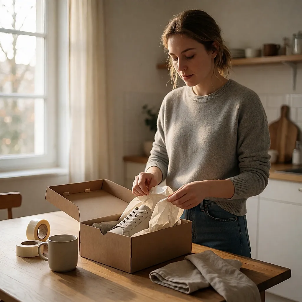 Une femme referme le papier de soie sur une sneaker dans son carton avant de sceller le colis de retour
