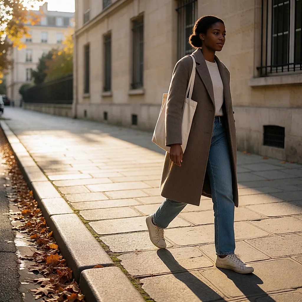 Une femme marche dans la rue, chaussée de la paire de sneakers en cuir qu'elle a décidé de garder