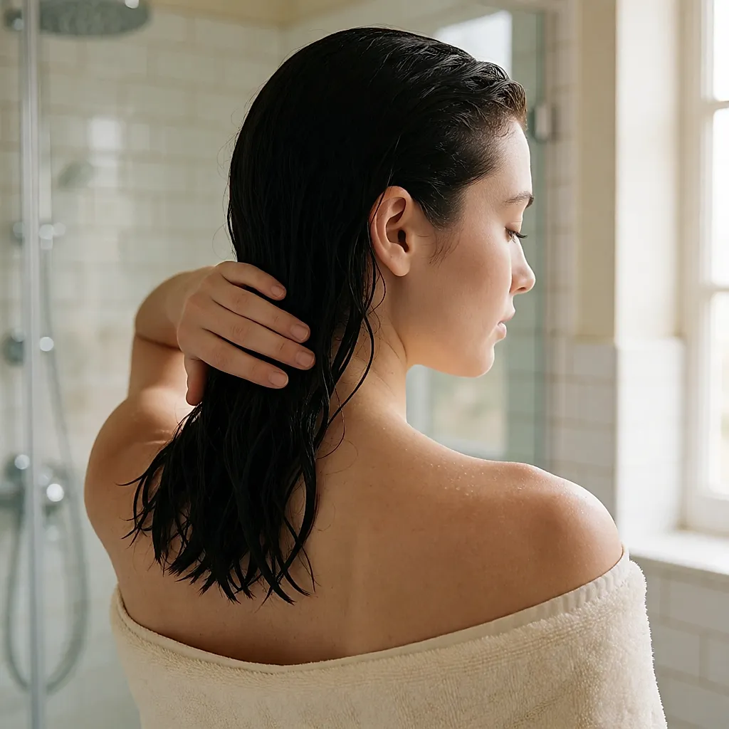 Cheveux mouillés vus de dos, une main soulevant les longueurs pour montrer le film terne laissé par l’eau calcaire