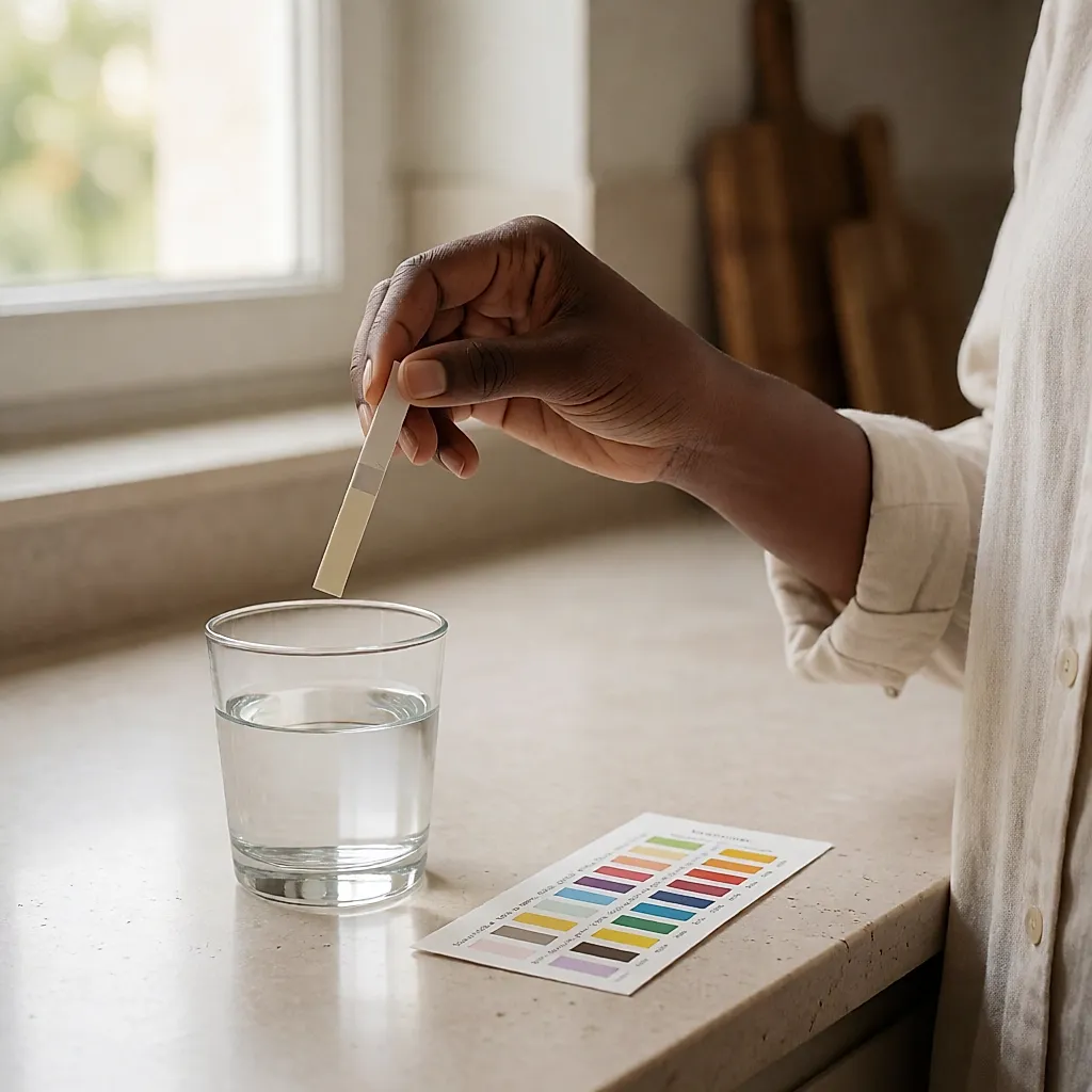 Main tenant une bandelette-test au-dessus d’un verre d’eau du robinet, avec un nuancier posé sur le comptoir