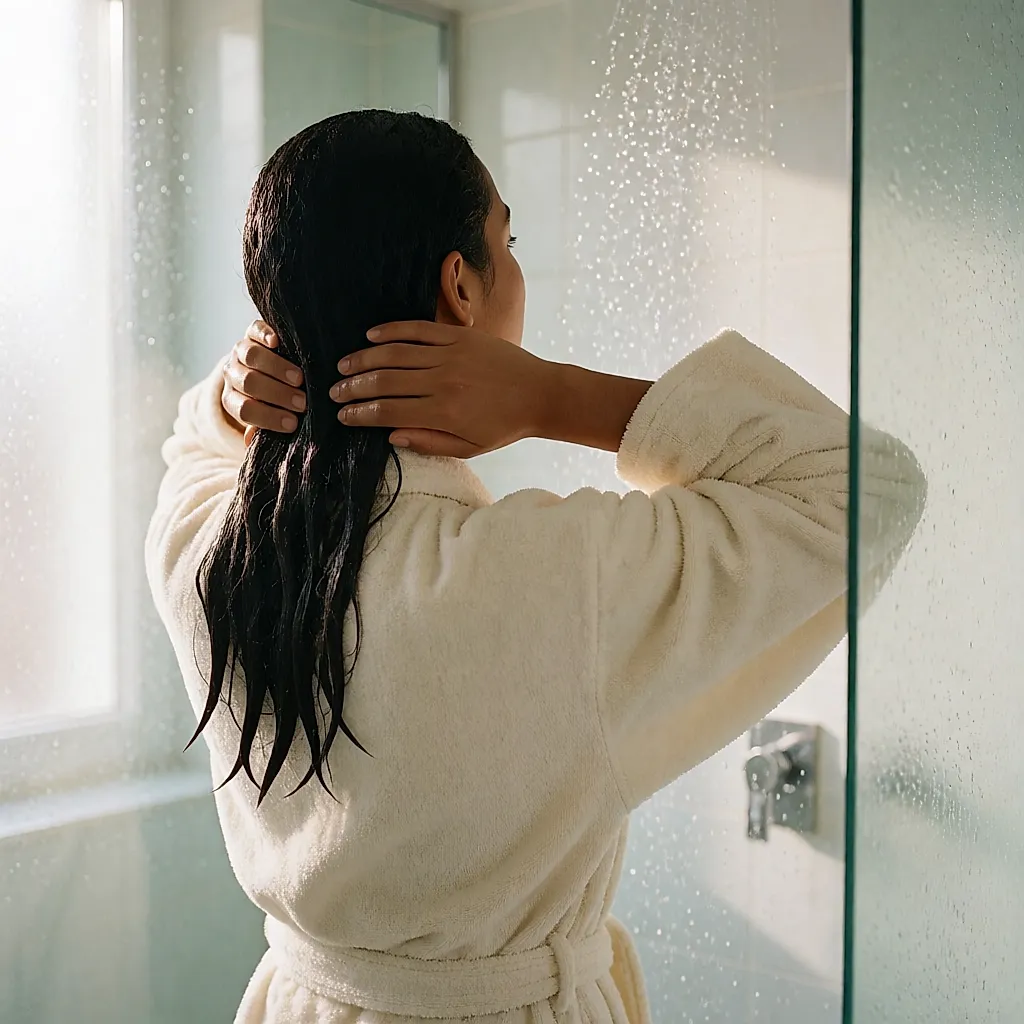 Femme en peignoir sous la douche, tête inclinée, rinçant longuement ses cheveux mouillés