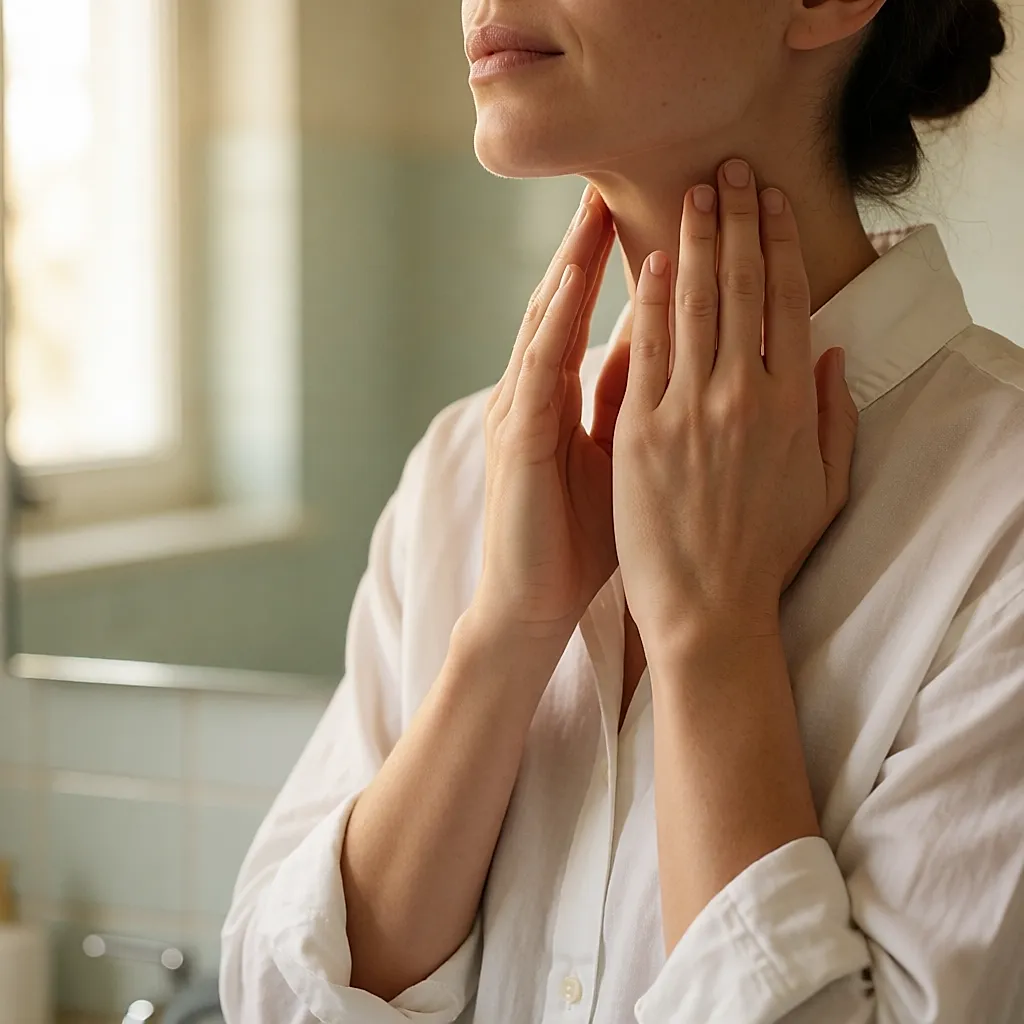 Mains appliquant une crème légère sur le cou et le haut du décolleté
