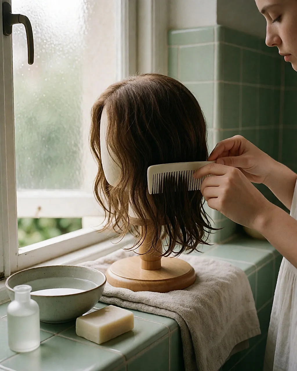 A hand brushing the ends of a damp wig on a wig stand by a window