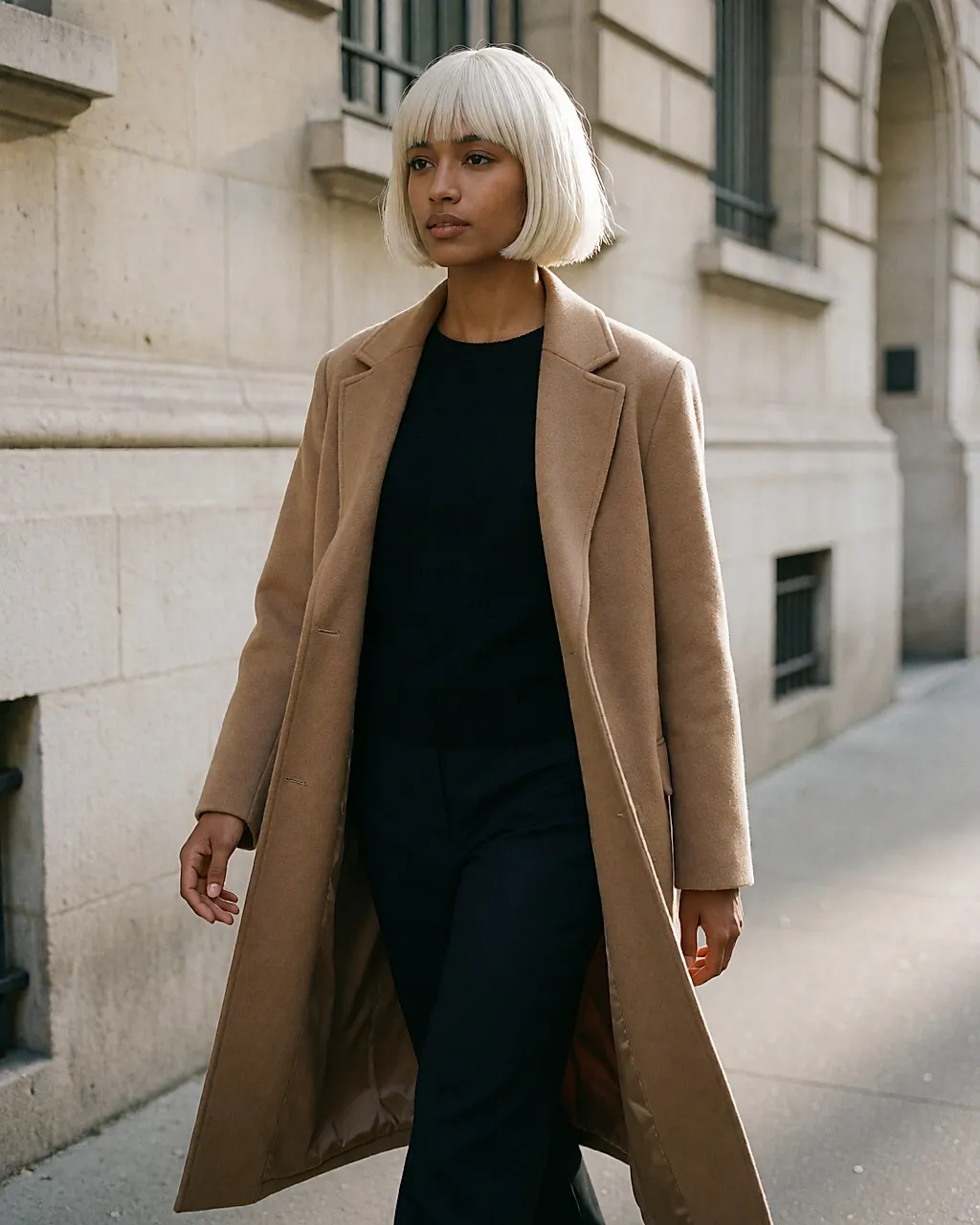Young mixed-race woman in a platinum blonde wig and camel coat walking down the street