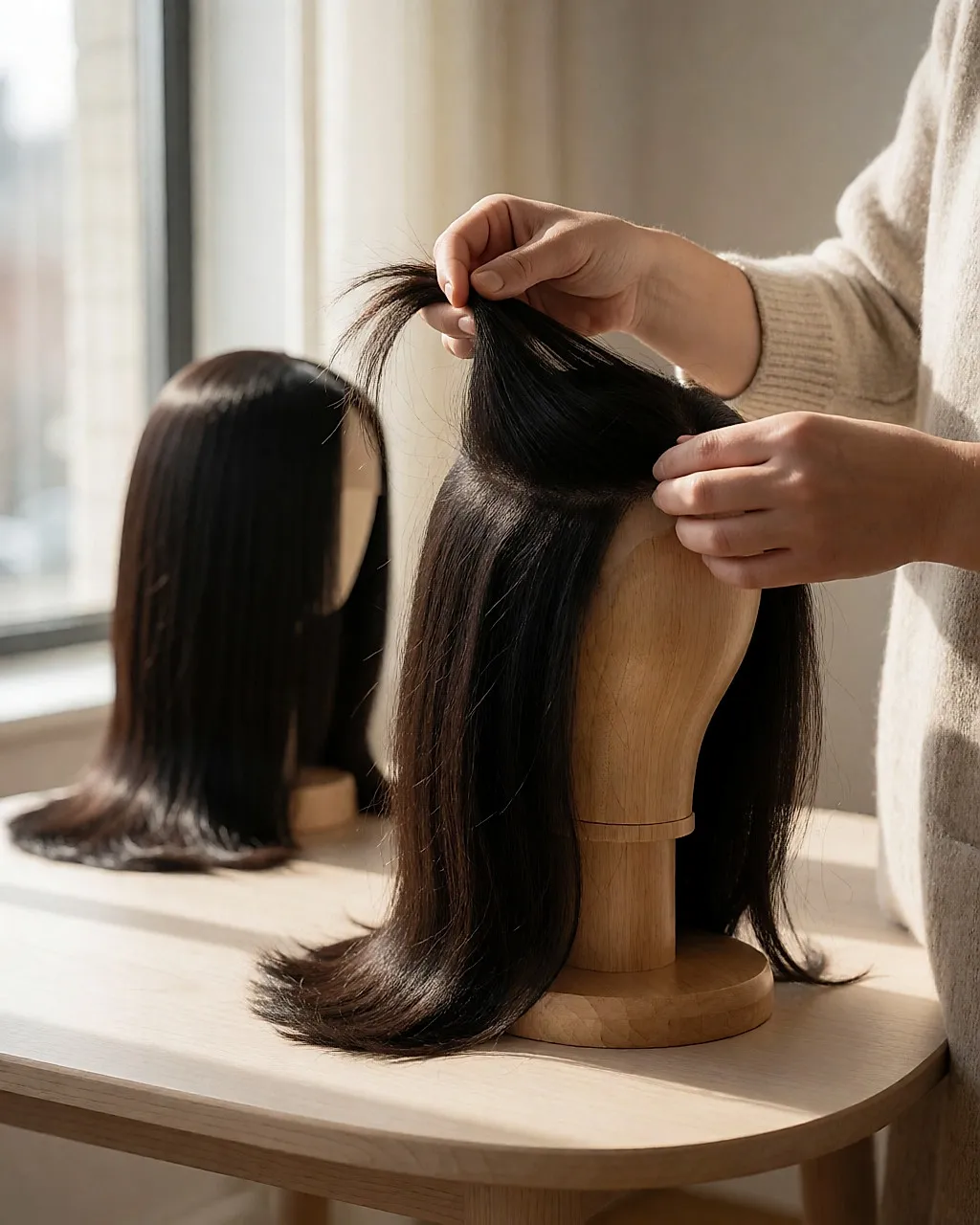 Hands lifting a strand of a human-hair wig by a window