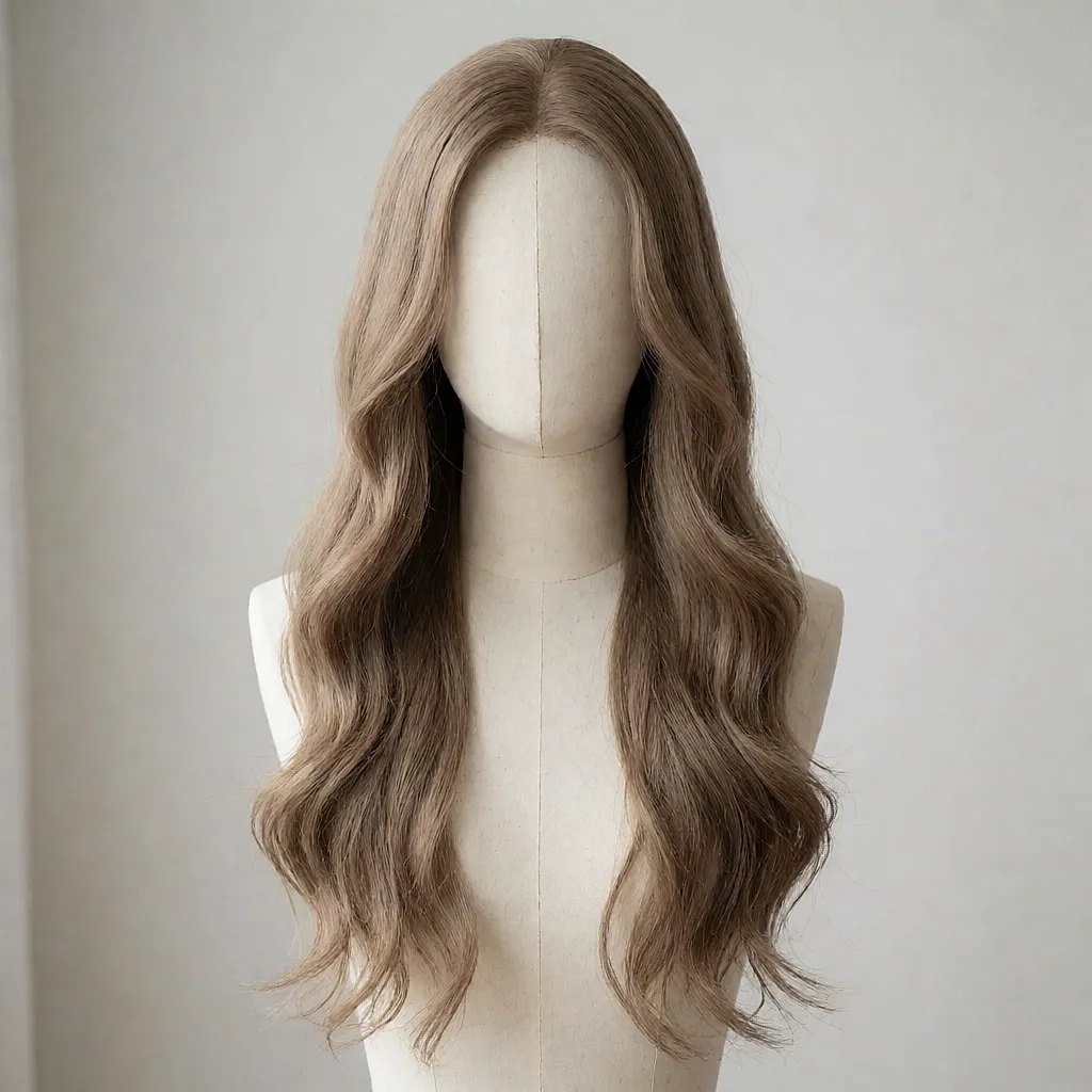 Product shot inspired by a 28-inch wavy synthetic wig with no fringe