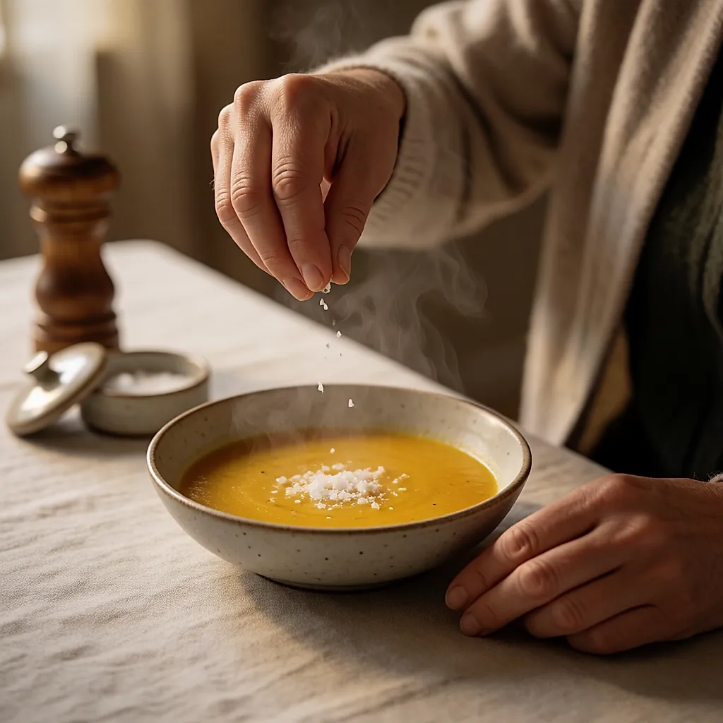 Eine Hand streut einige Körner Fleur de Sel über eine dampfende Schüssel Suppe