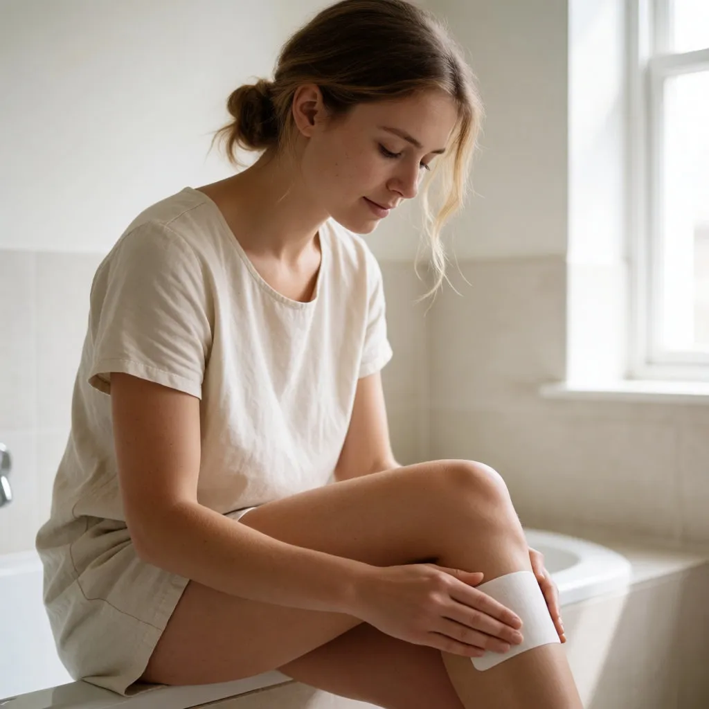 Young white woman sitting on the edge of a bath applying a cold wax strip to her leg, natural light