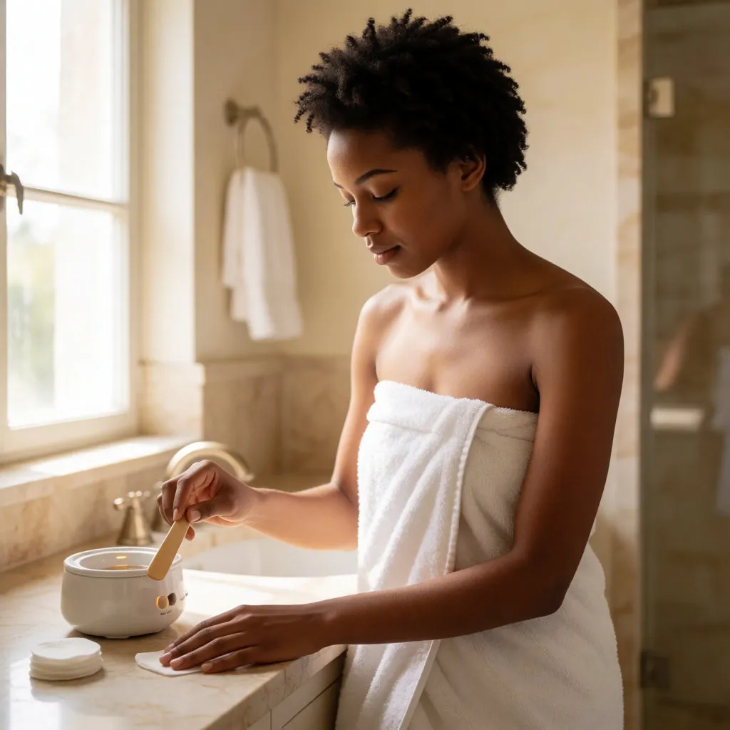 Young Black woman with short natural hair holding the skin of her leg taut before applying warm wax