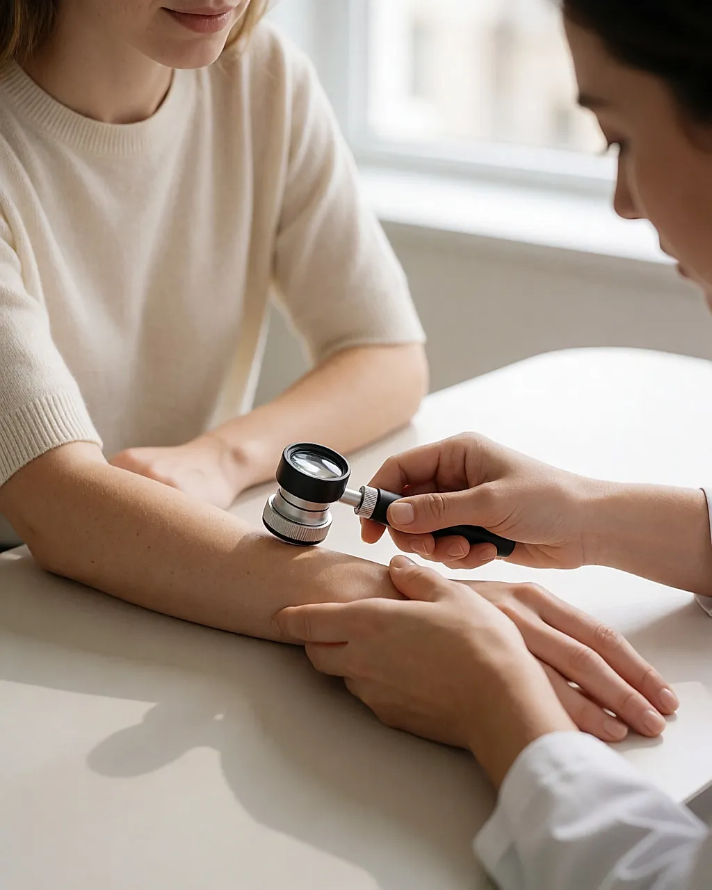Hände einer Dermatologin, die den Unterarm einer jungen Frau mit heller Haut untersucht, weiches Licht