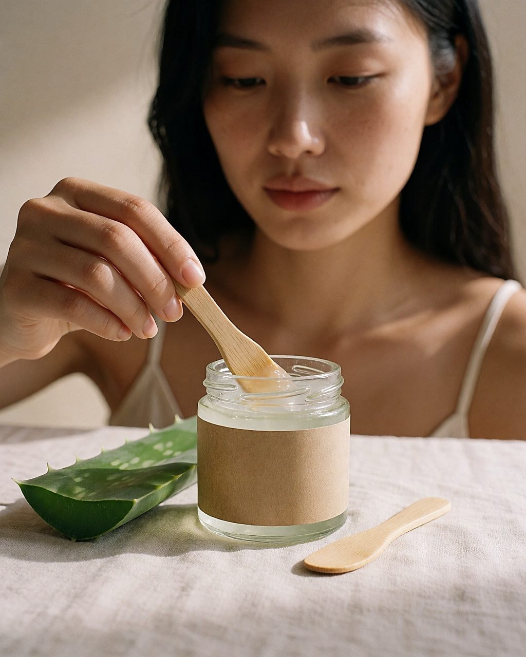 Pot de verre de gel d'aloe vera, spatule en bois et feuille fraîche, main prélevant du gel
