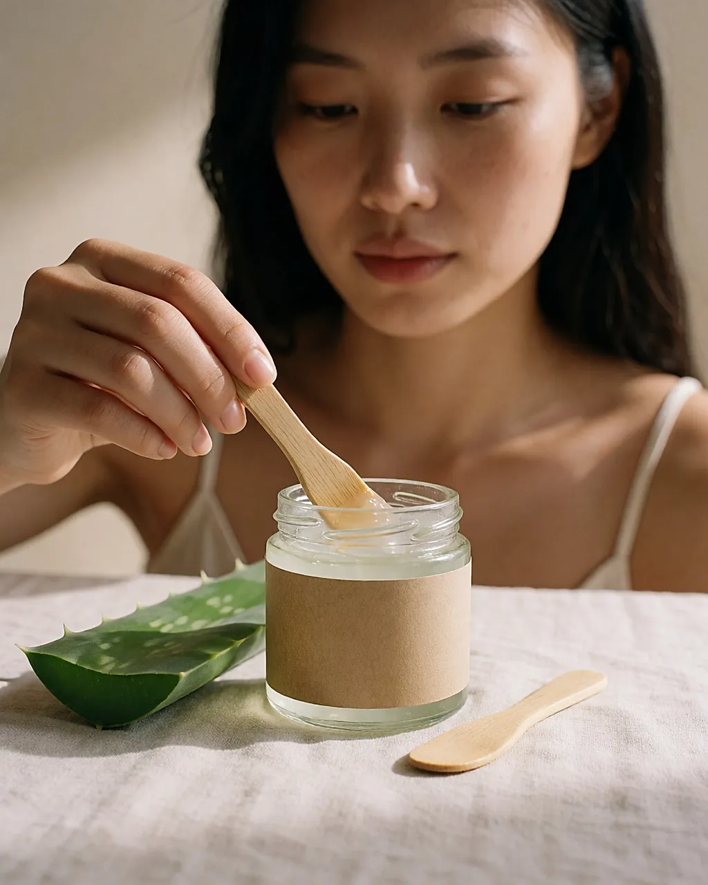 Glas mit Aloe-Vera-Gel, Holzspatel und frisches Blatt, eine Hand entnimmt Gel